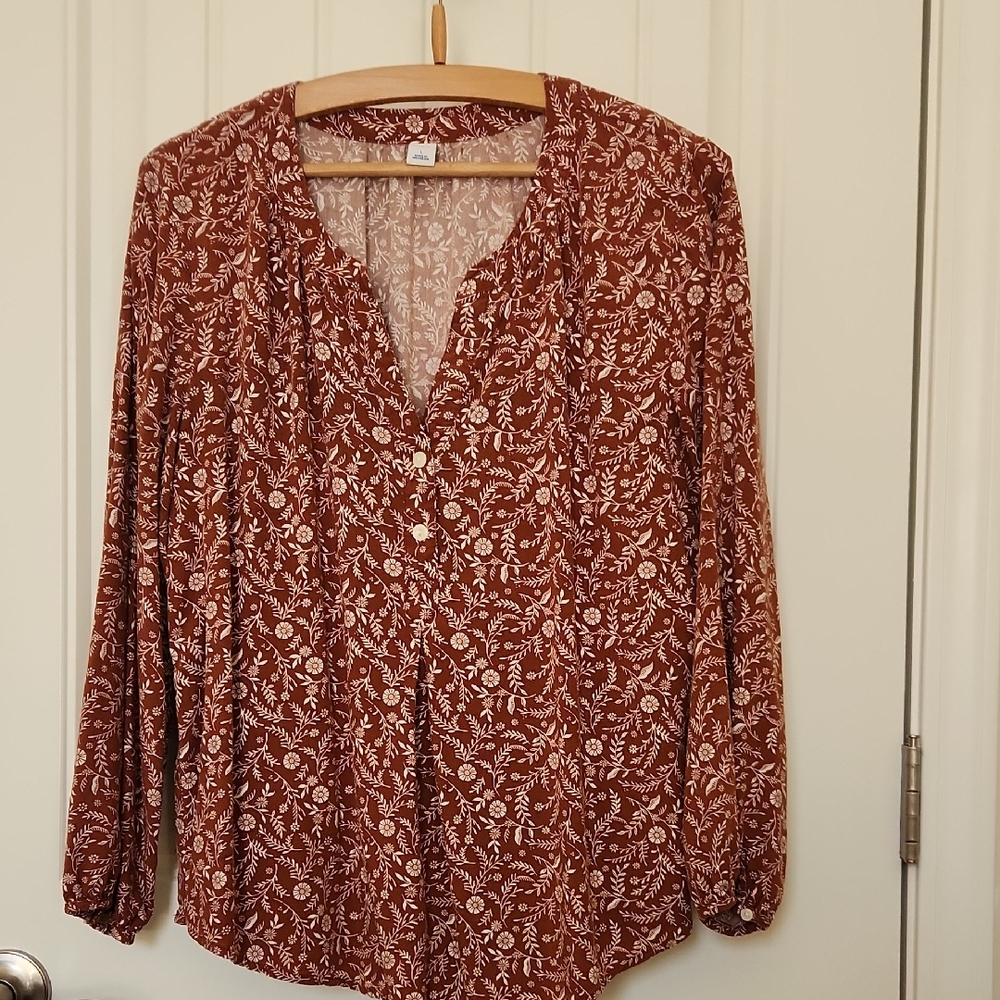Old Navy Brown Long Sleeve L Shirt With White Flowers
